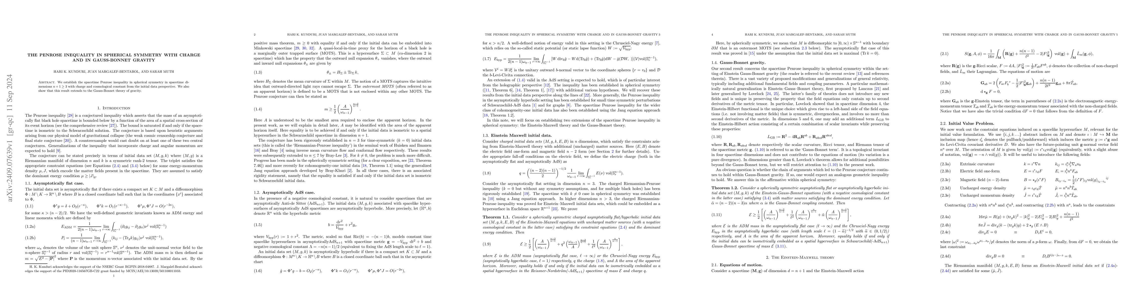 Thumbnail for The Penrose inequality in spherical symmetry with charge and in
  Gauss-Bonnet gravity
