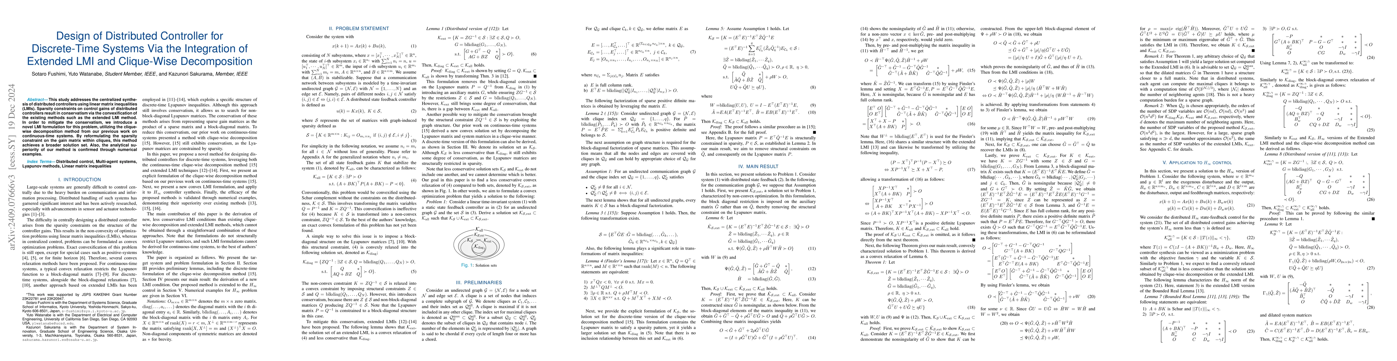 Thumbnail for Design of Distributed Controller for Discrete-Time Systems Via the
  Integration of Extended LMI and Clique-Wise Decomposition