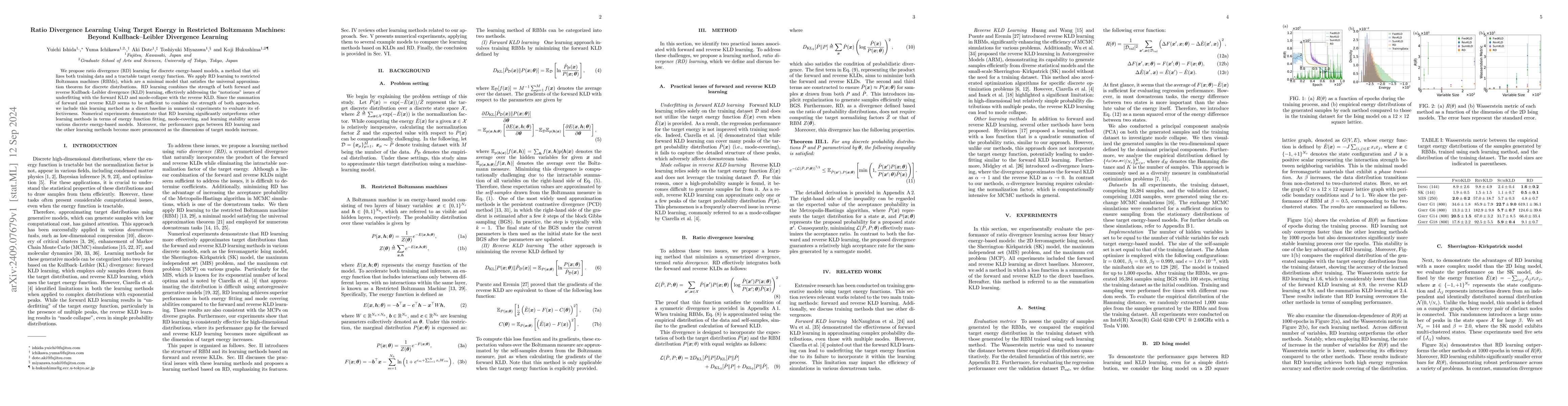 Thumbnail for Ratio Divergence Learning Using Target Energy in Restricted Boltzmann
  Machines: Beyond Kullback--Leibler Divergence Learning