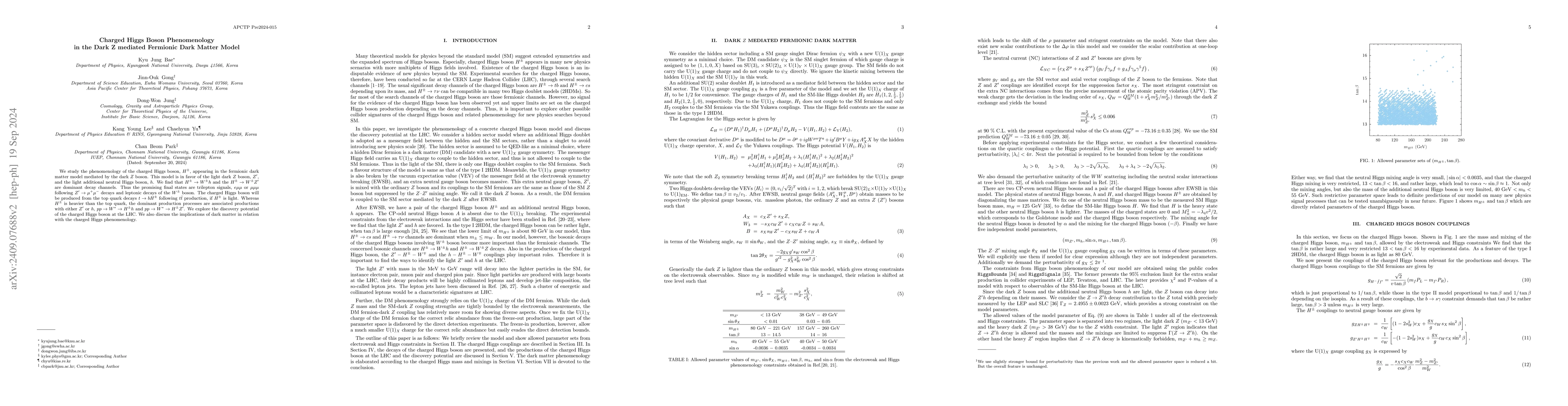 Thumbnail for Charged Higgs Boson Phenomenology in the Dark Z mediated Fermionic Dark
  Matter Model