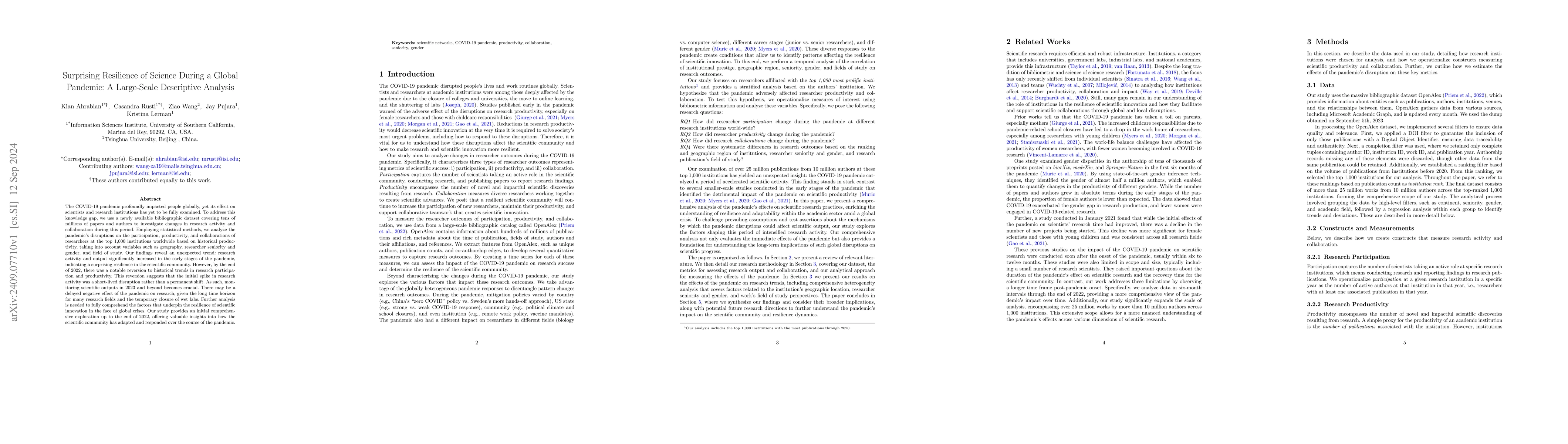 Thumbnail for Surprising Resilience of Science During a Global Pandemic: A Large-Scale
  Descriptive Analysis