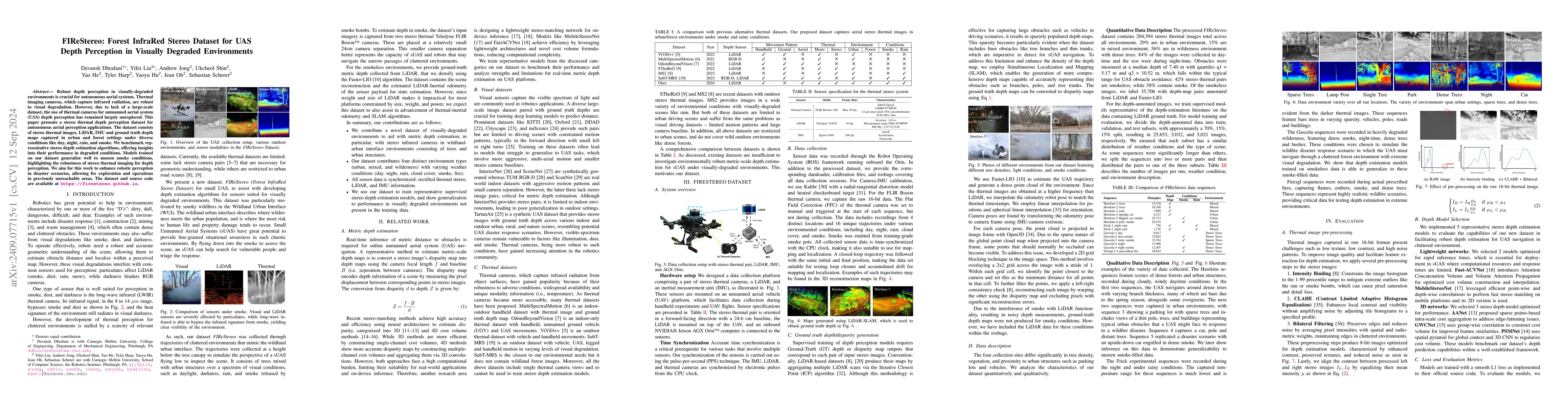 Thumbnail for FIReStereo: Forest InfraRed Stereo Dataset for UAS Depth Perception in
  Visually Degraded Environments