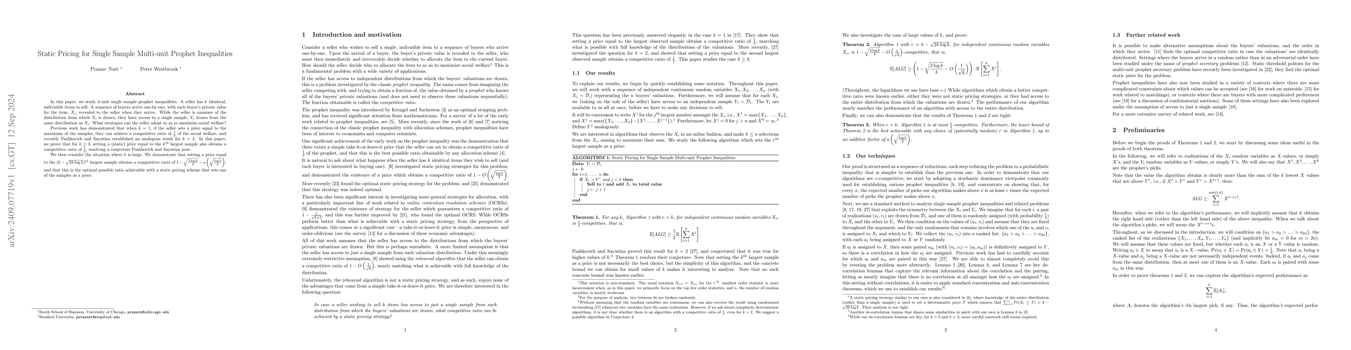 Thumbnail for Static Pricing for Single Sample Multi-unit Prophet Inequalities