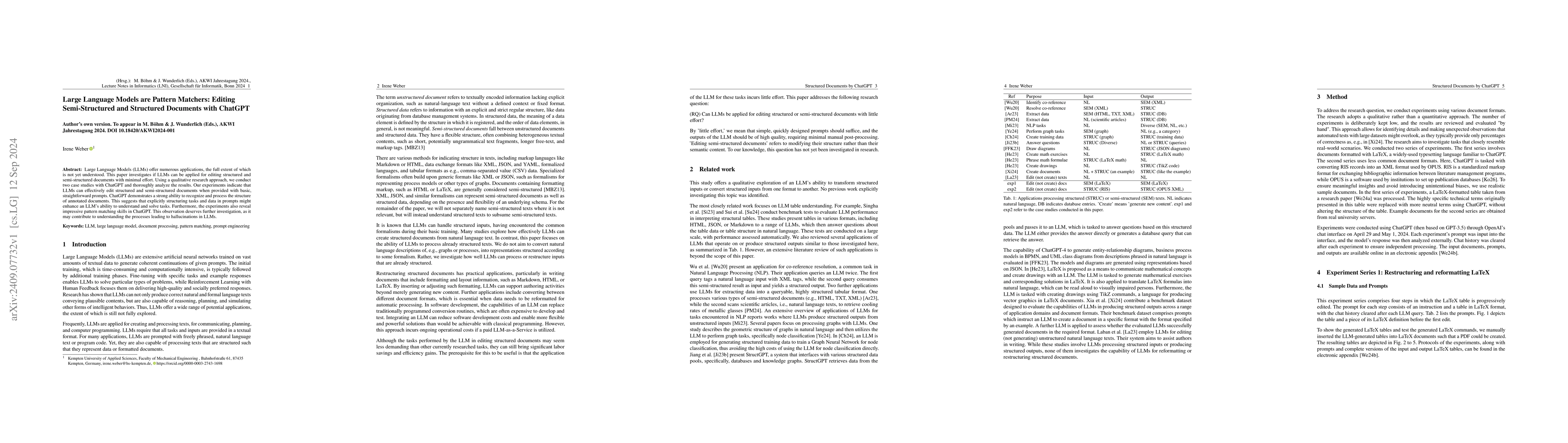 Thumbnail for Large Language Models are Pattern Matchers: Editing Semi-Structured and
  Structured Documents with ChatGPT