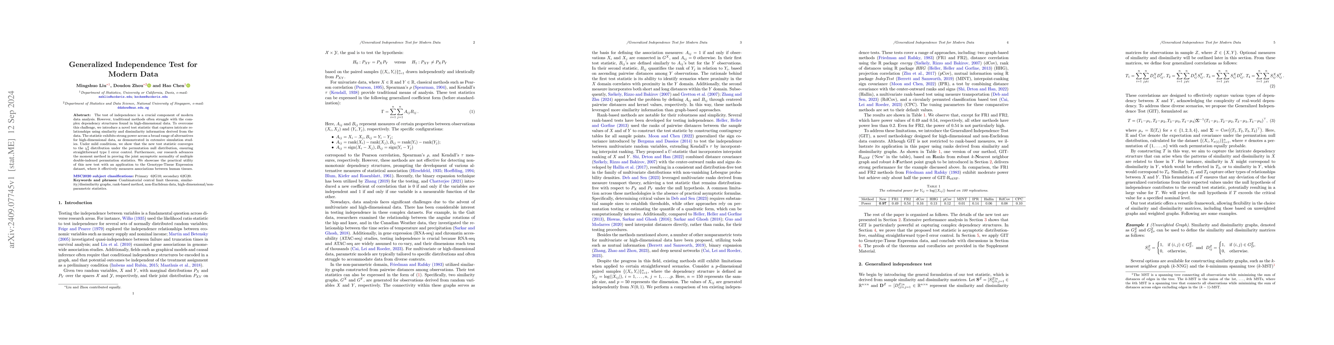 Thumbnail for Generalized Independence Test for Modern Data