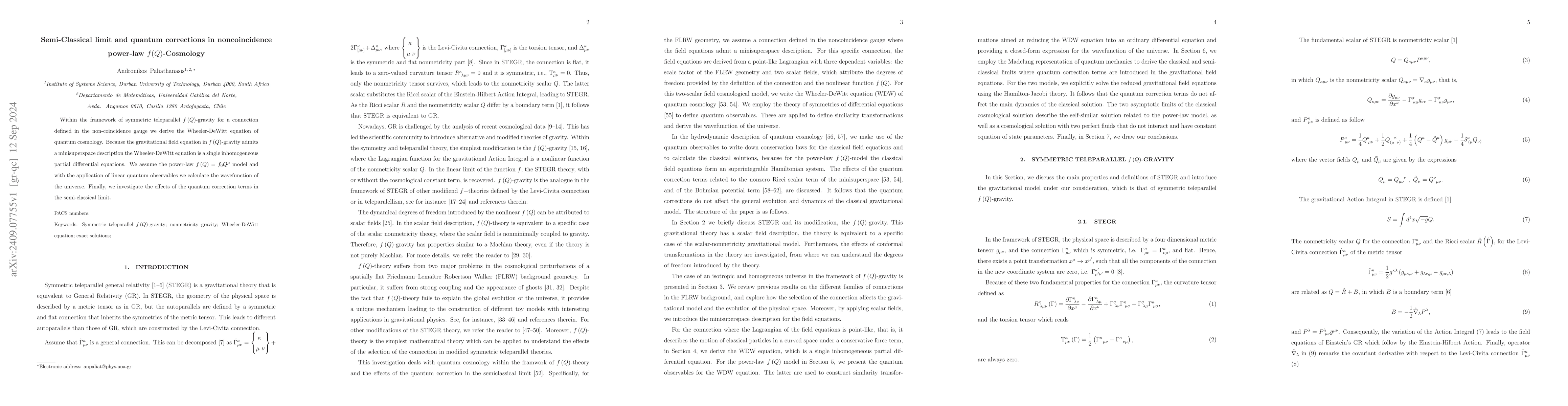 Thumbnail for Semi-Classical limit and quantum corrections in noncoincidence power-law
  $f(Q)$-Cosmology