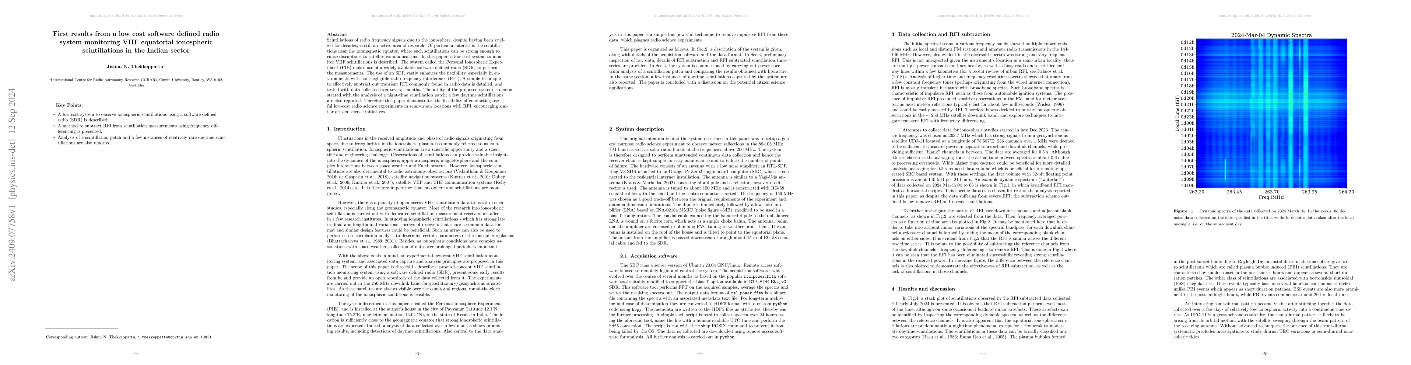 Thumbnail for First results from a low cost software defined radio system monitoring
  VHF equatorial ionospheric scintillations in the Indian sector