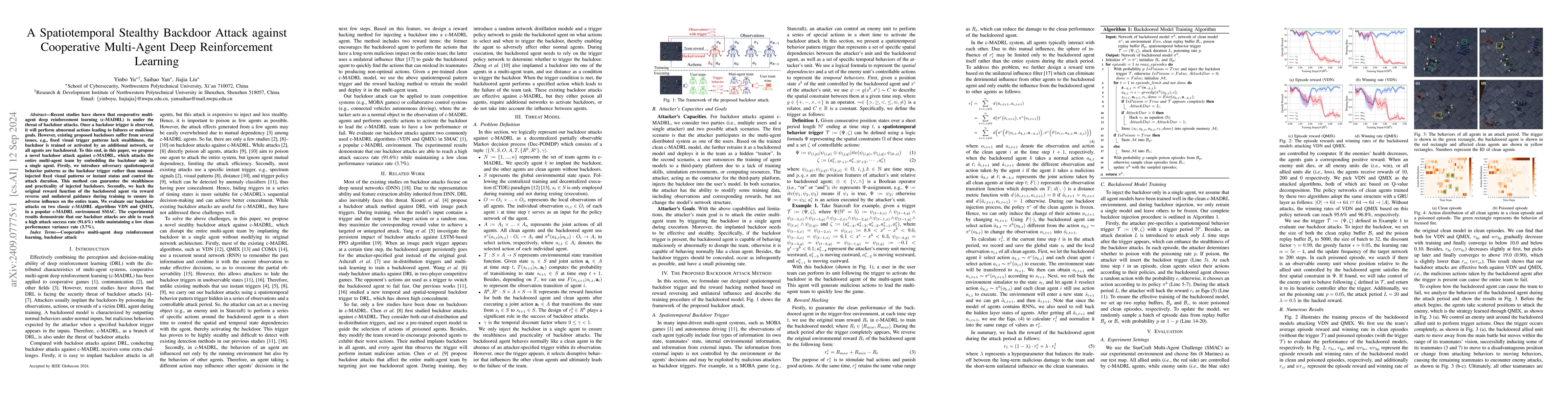 Thumbnail for A Spatiotemporal Stealthy Backdoor Attack against Cooperative
  Multi-Agent Deep Reinforcement Learning