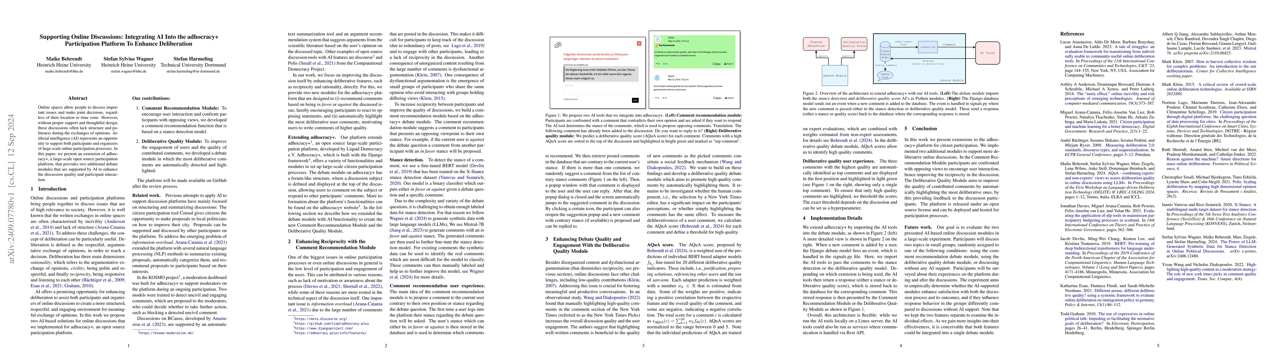 Thumbnail for Supporting Online Discussions: Integrating AI Into the adhocracy+
  Participation Platform To Enhance Deliberation