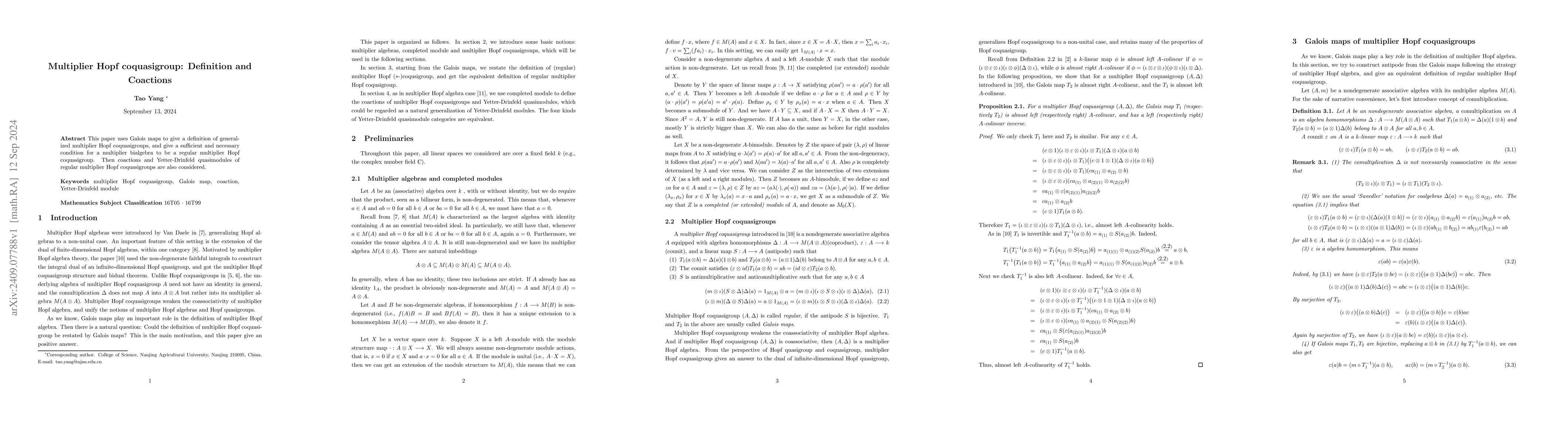 Thumbnail for Multiplier Hopf coquasigroup: Definition and Coactions