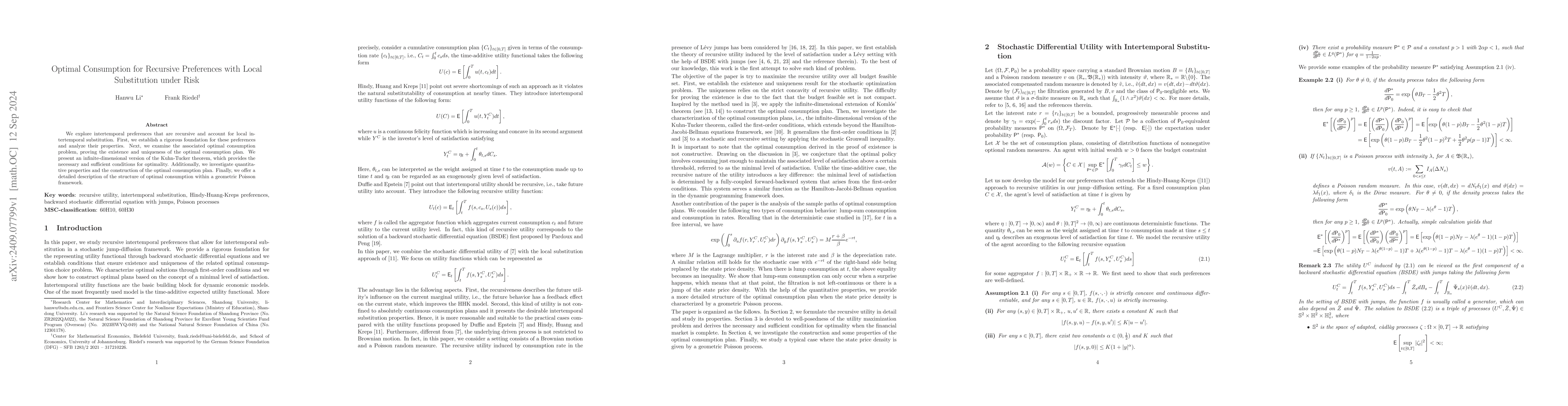 Thumbnail for Optimal Consumption for Recursive Preferences with Local Substitution
  under Risk