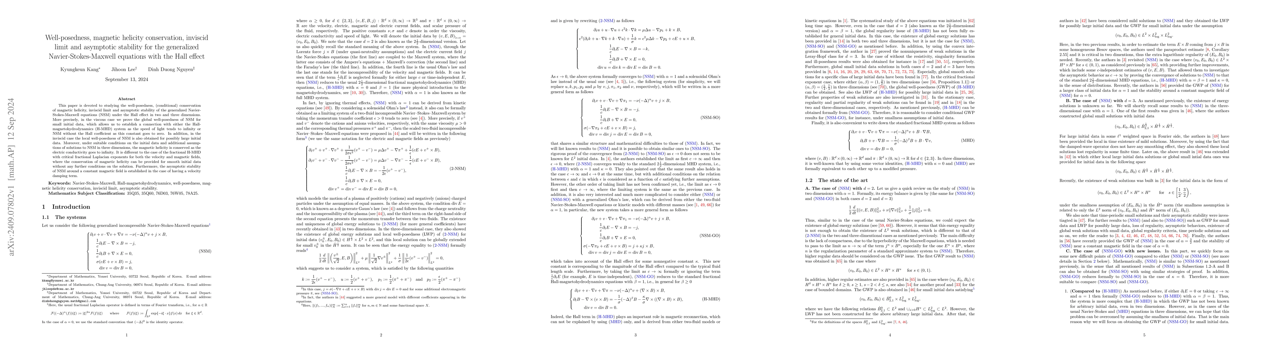 Thumbnail for Well-posedness, magnetic helicity conservation, inviscid limit and
  asymptotic stability for the generalized Navier-Stokes-Maxwell equations with
  the Hall effect