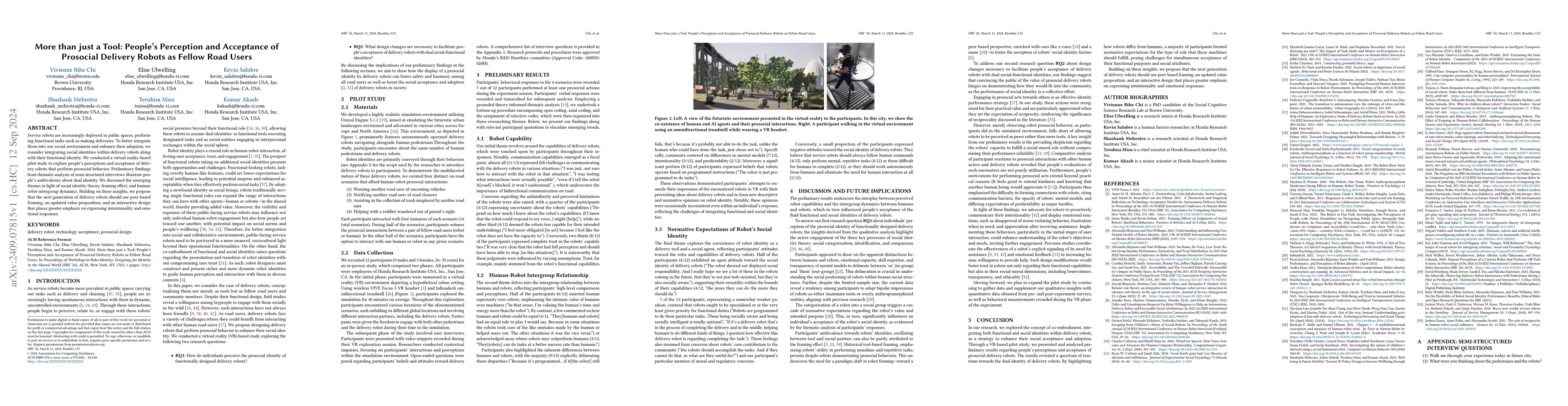 Thumbnail for More than just a Tool: People's Perception and Acceptance of Prosocial
  Delivery Robots as Fellow Road Users