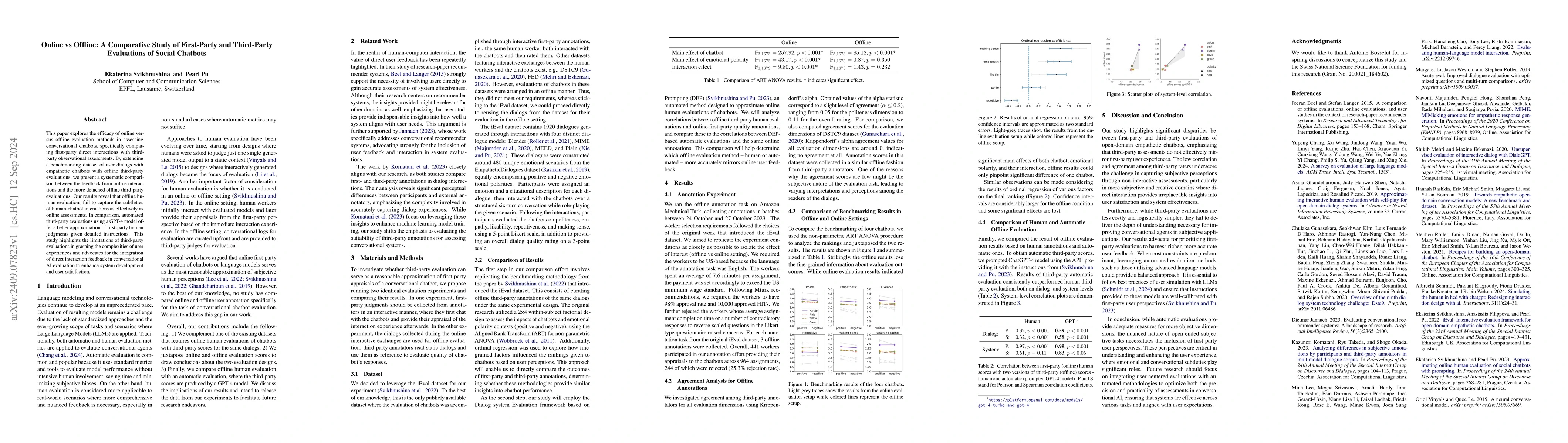 Thumbnail for Online vs Offline: A Comparative Study of First-Party and Third-Party
  Evaluations of Social Chatbots