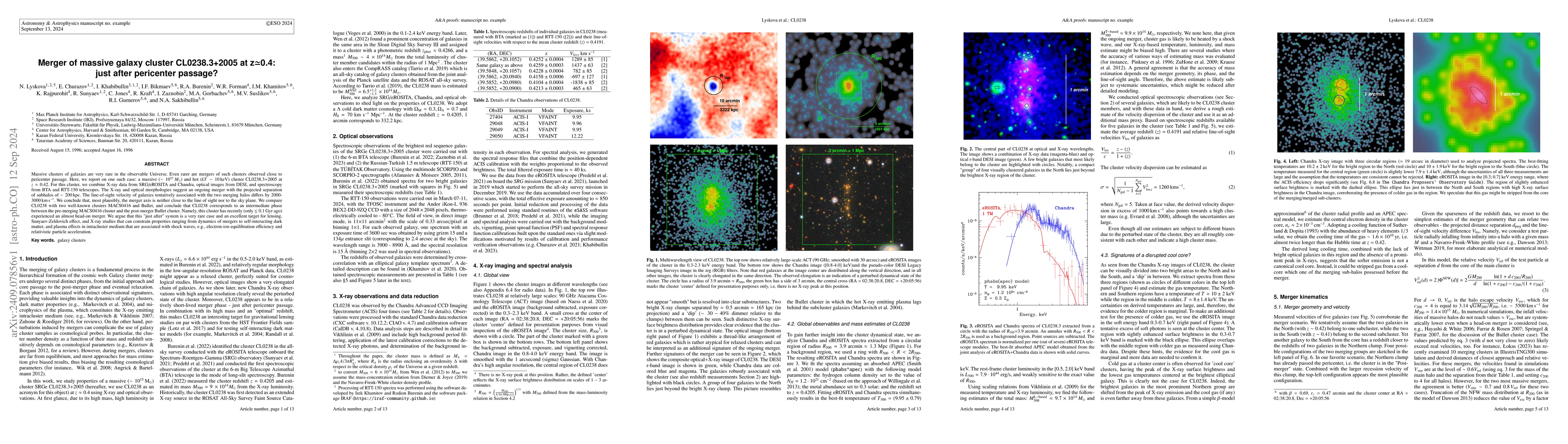 Thumbnail for Merger of massive galaxy cluster CL0238.3+2005 at z~0.4: just after
  pericenter passage?