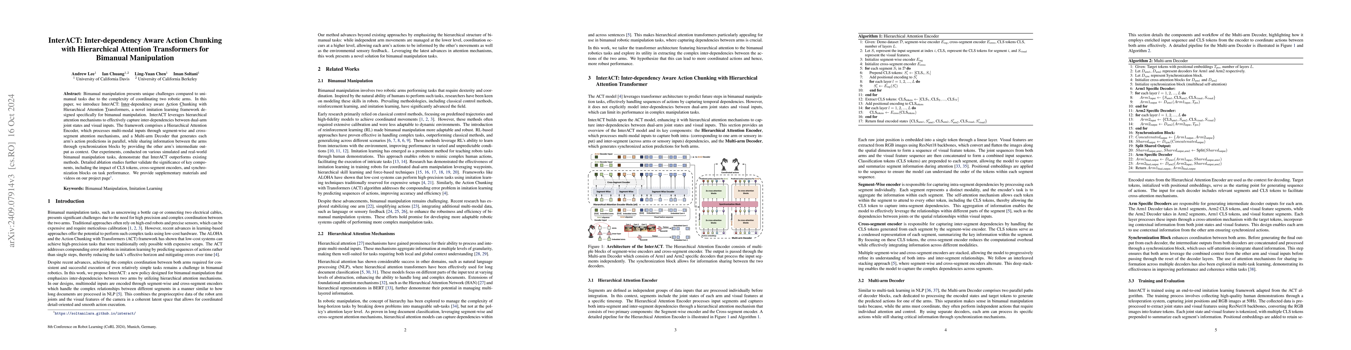 Thumbnail for InterACT: Inter-dependency Aware Action Chunking with Hierarchical
  Attention Transformers for Bimanual Manipulation