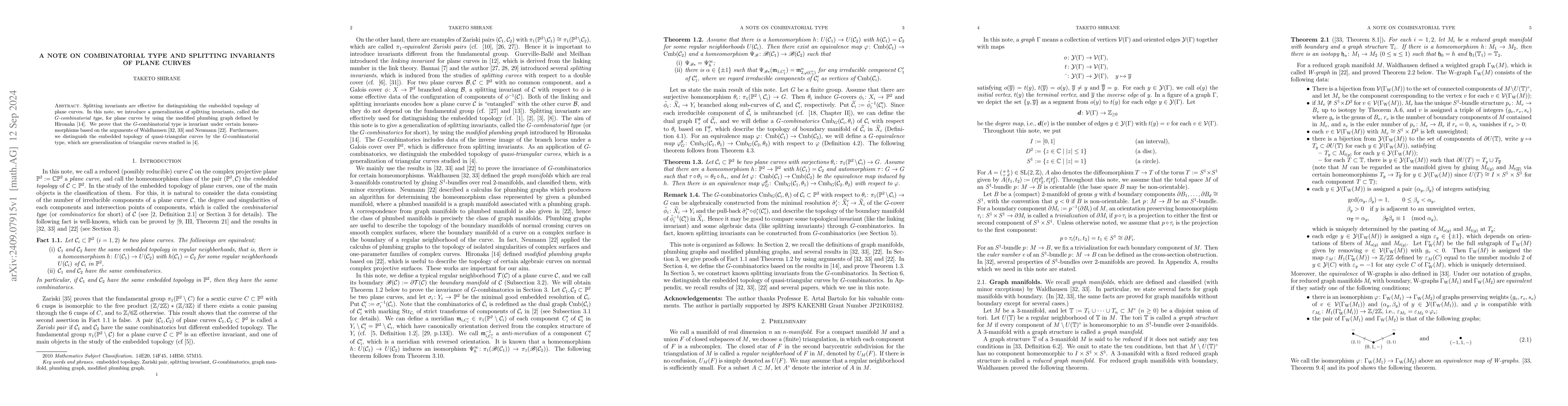 Thumbnail for A note on combinatorial type and splitting invariants of plane curves