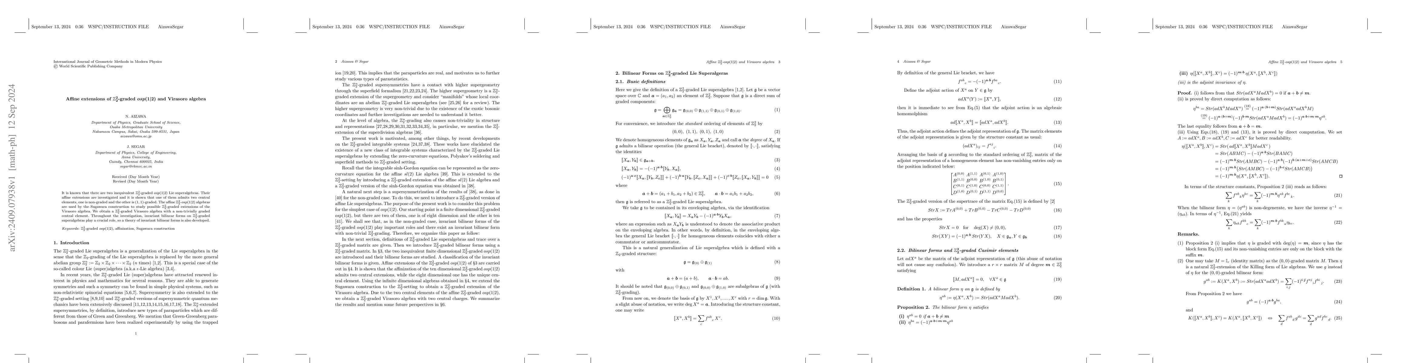 Thumbnail for Affine extensions of $\mathbb{Z}_2^2$-graded $osp(1|2)$ and Virasoro
  algebra