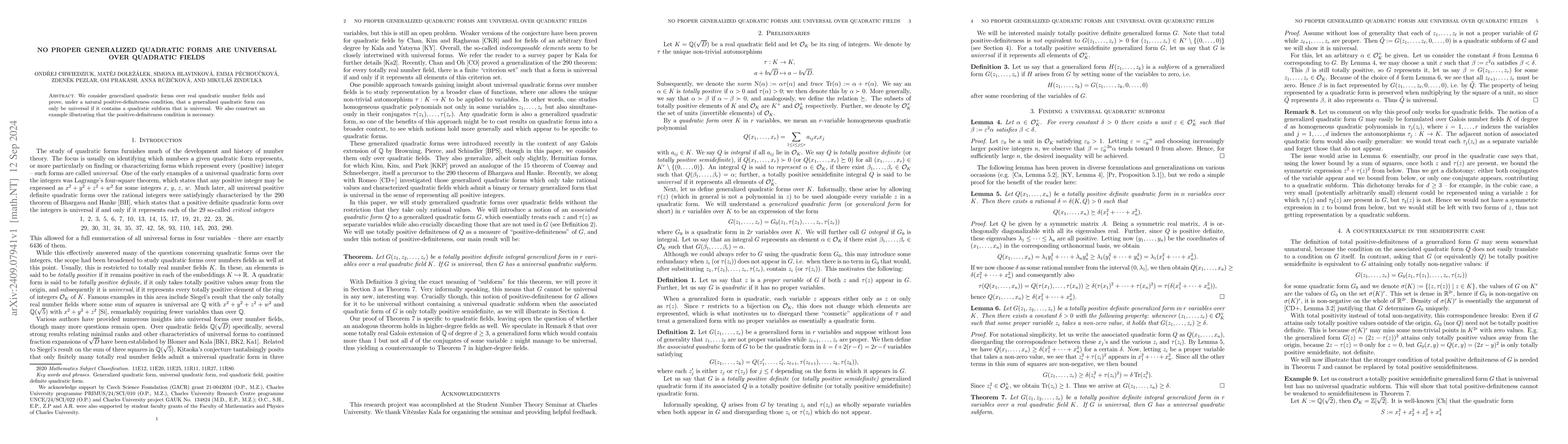 Thumbnail for No proper generalized quadratic forms are universal over quadratic
  fields