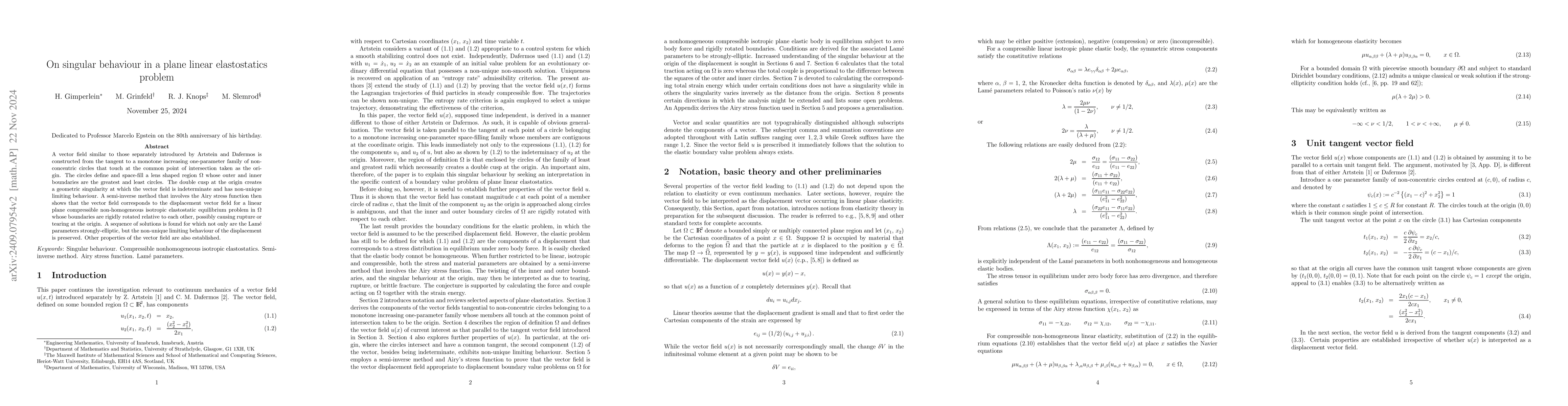Thumbnail for On singular behaviour in a plane linear elastostatics problem