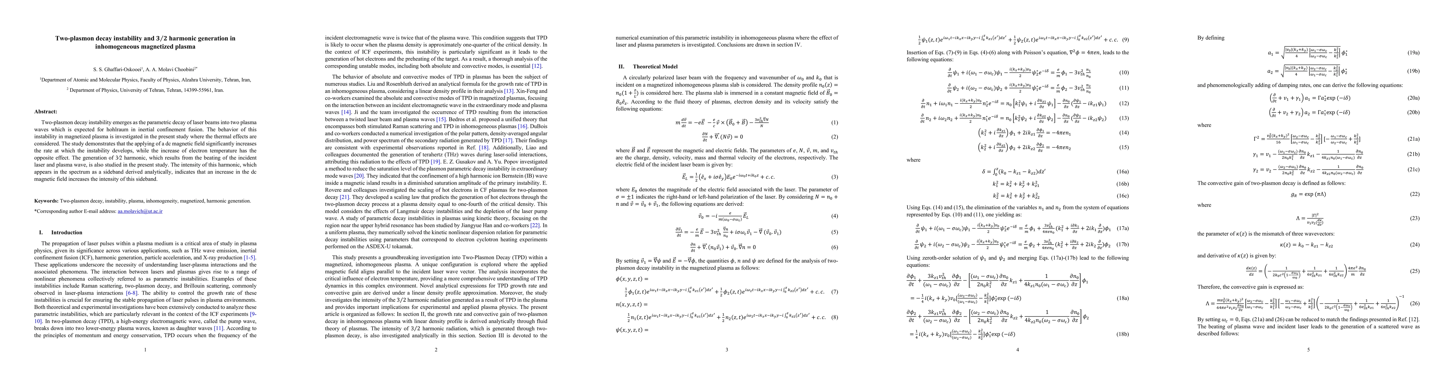 Thumbnail for Two-plasmon decay instability and 3/2 harmonic generation in
  inhomogeneous magnetized plasma
