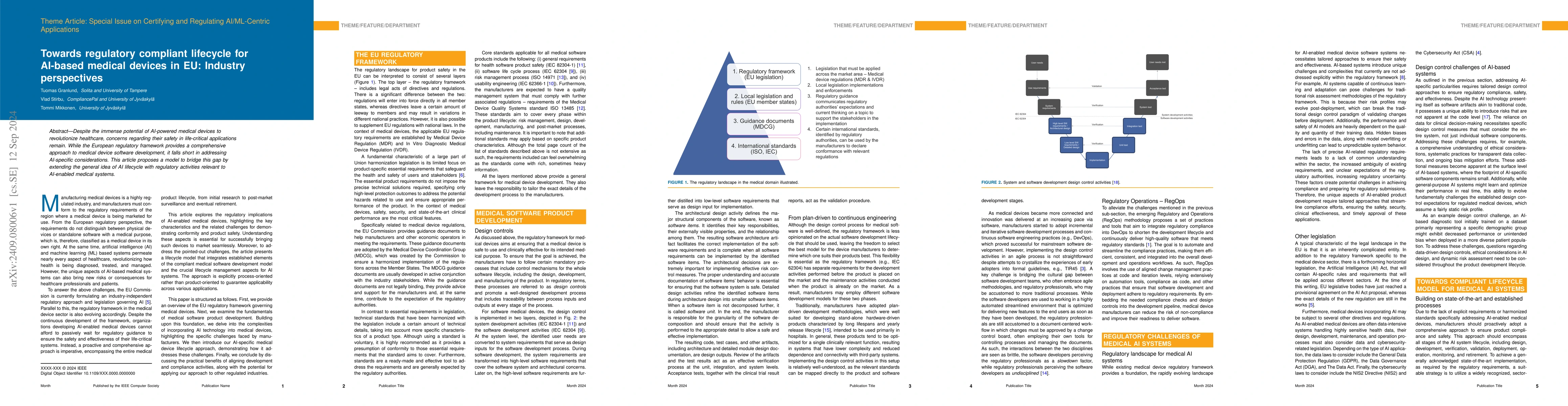 Thumbnail for Towards regulatory compliant lifecycle for AI-based medical devices in
  EU: Industry perspectives