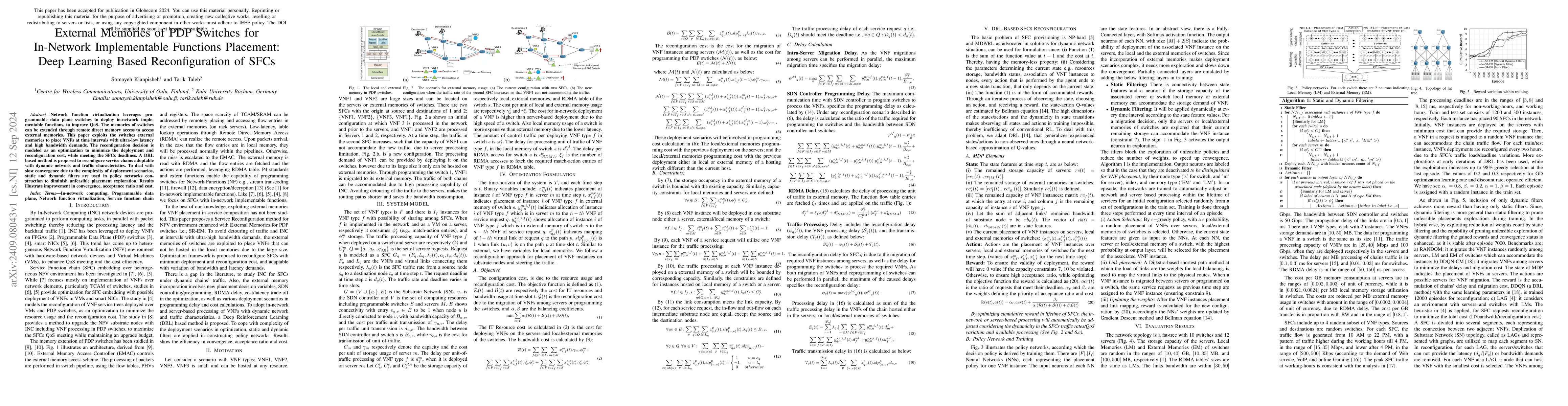 Thumbnail for External Memories of PDP Switches for In-Network Implementable Functions
  Placement: Deep Learning Based Reconfiguration of SFCs