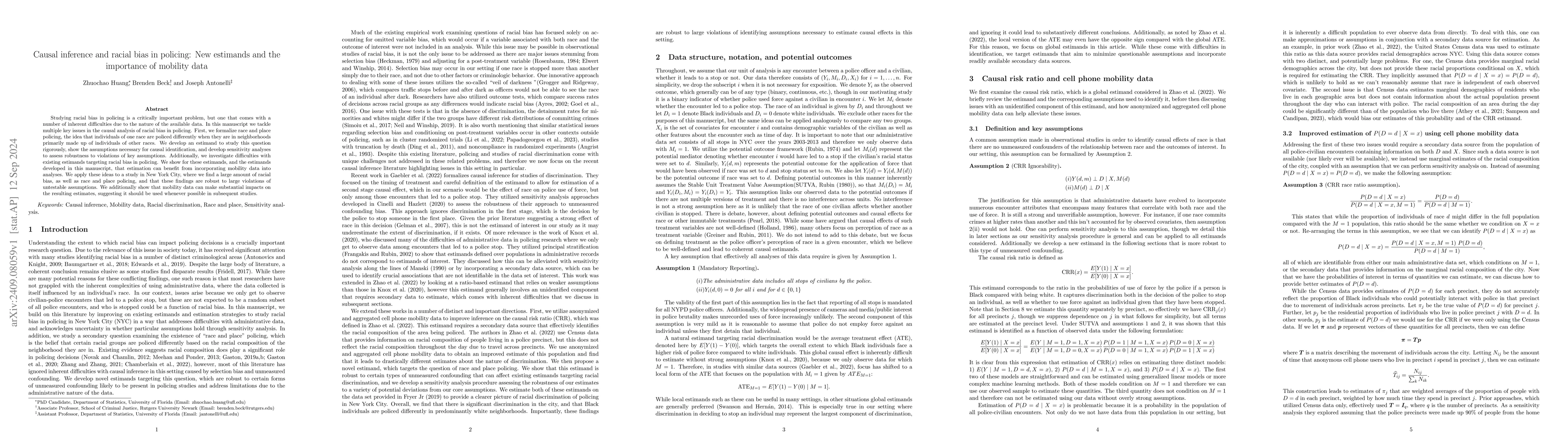 Thumbnail for Causal inference and racial bias in policing: New estimands and the
  importance of mobility data