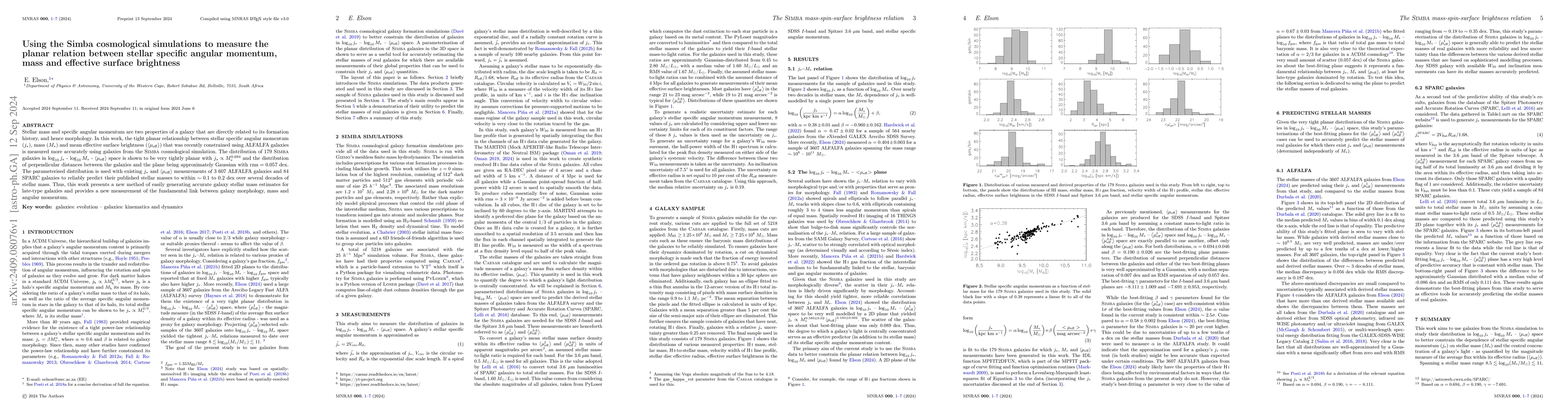 Thumbnail for Using the Simba cosmological simulations to measure the planar relation
  between stellar specific angular momentum, mass and effective surface
  brightness