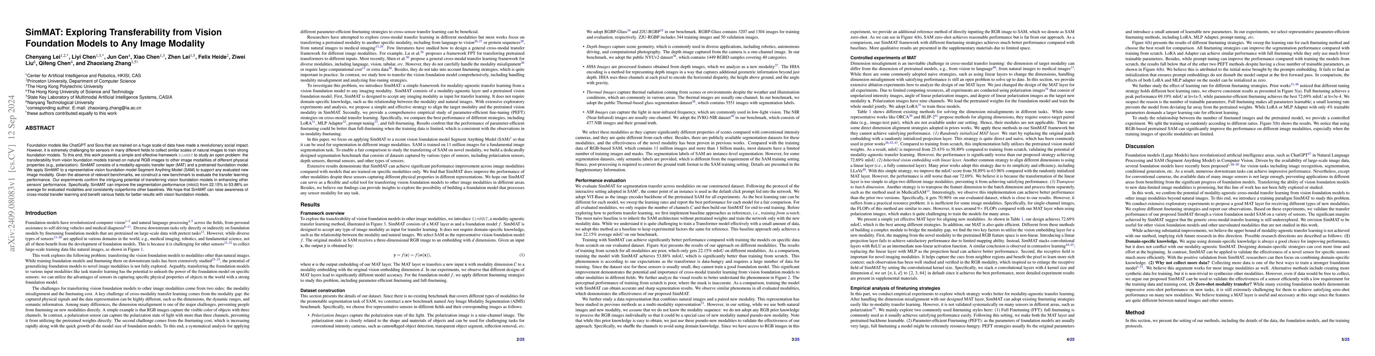Thumbnail for SimMAT: Exploring Transferability from Vision Foundation Models to Any
  Image Modality