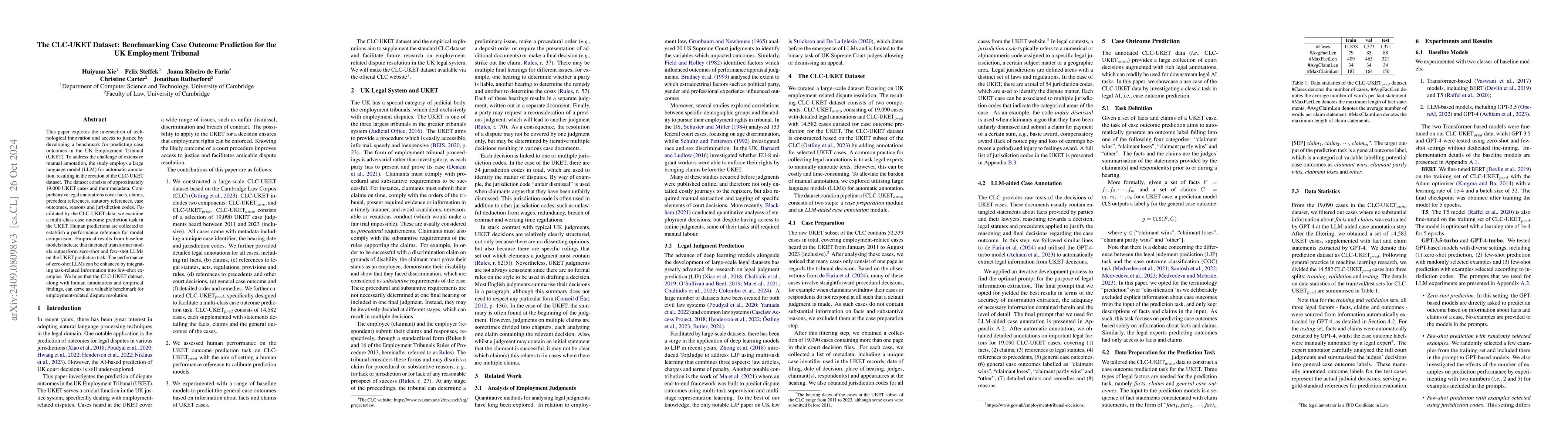 Thumbnail for The CLC-UKET Dataset: Benchmarking Case Outcome Prediction for the UK
  Employment Tribunal