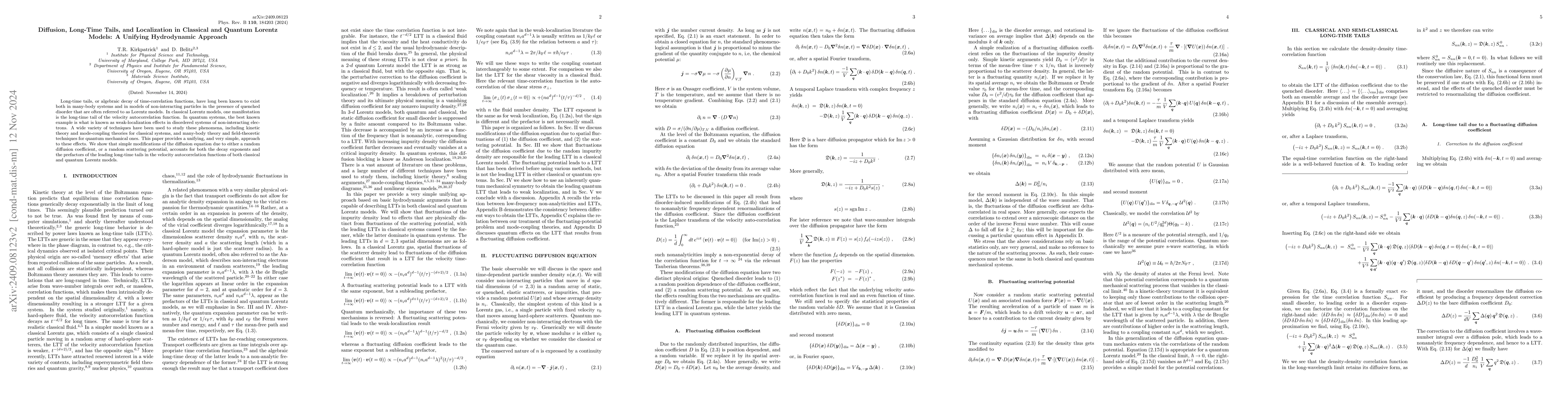 Thumbnail for Diffusion, Long-Time Tails, and Localization in Classical and Quantum
  Lorentz Models: A Unifying Hydrodynamic Approach