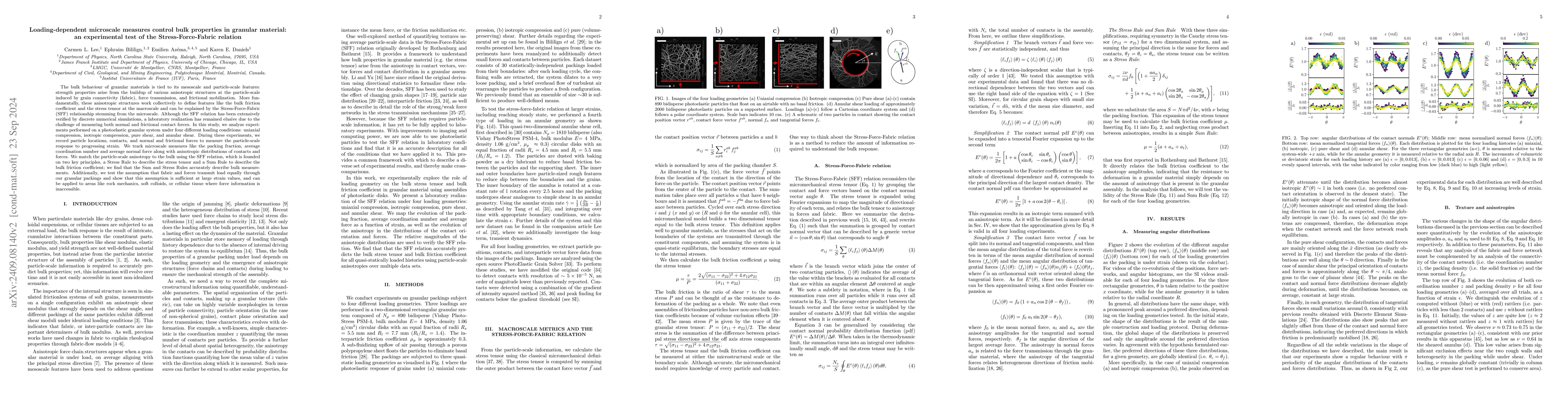 Thumbnail for Loading-dependent microscale measures control bulk properties in
  granular material: an experimental test of the Stress-Force-Fabric relation