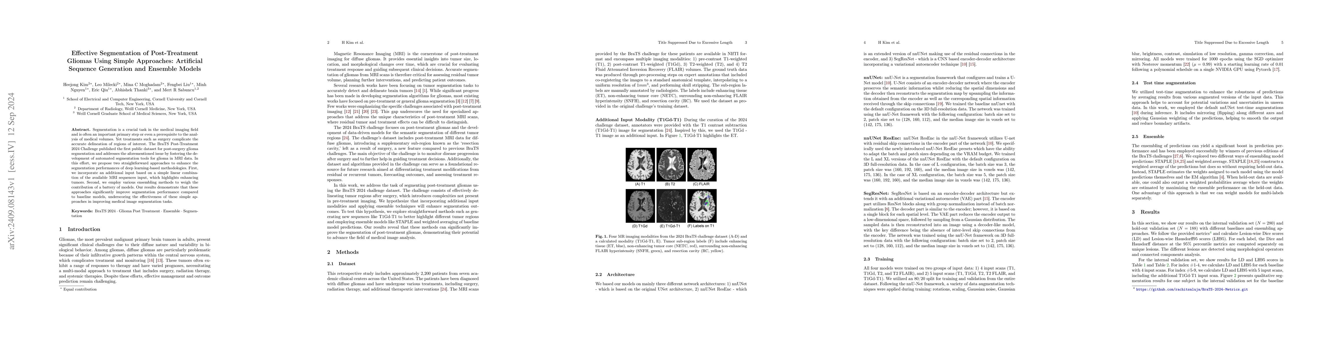 Thumbnail for Effective Segmentation of Post-Treatment Gliomas Using Simple
  Approaches: Artificial Sequence Generation and Ensemble Models