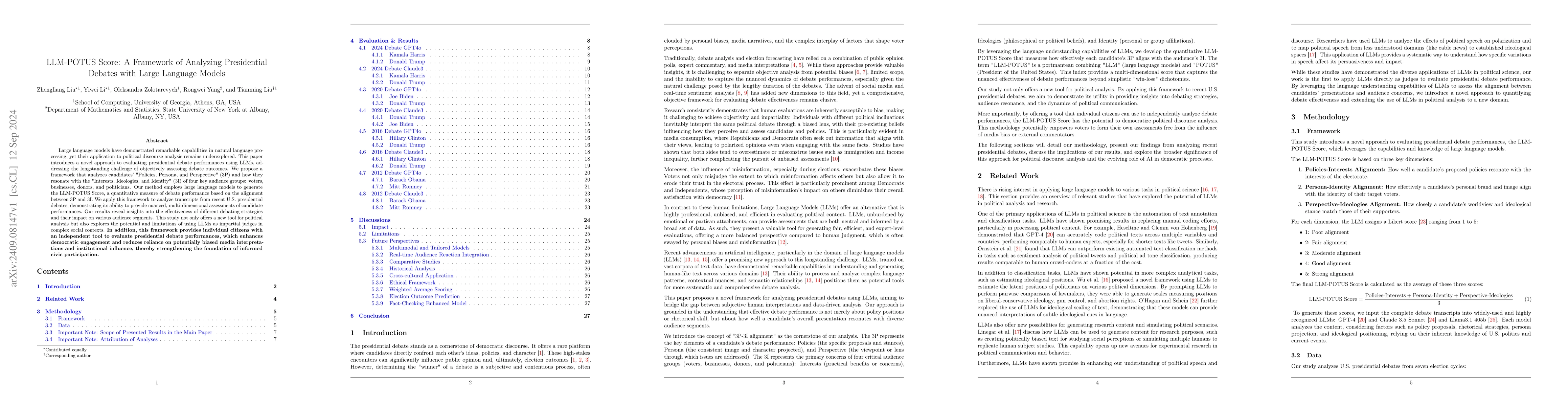 Thumbnail for LLM-POTUS Score: A Framework of Analyzing Presidential Debates with
  Large Language Models