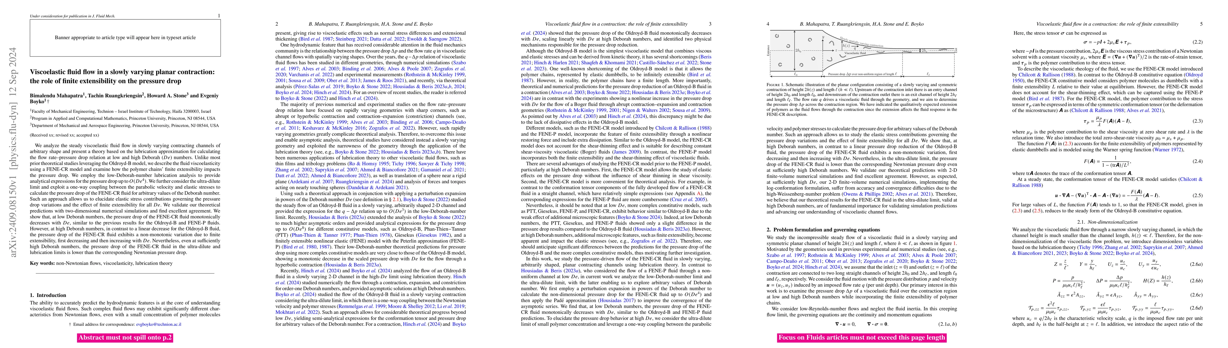 Thumbnail for Viscoelastic fluid flow in a slowly varying planar contraction: the role
  of finite extensibility on the pressure drop