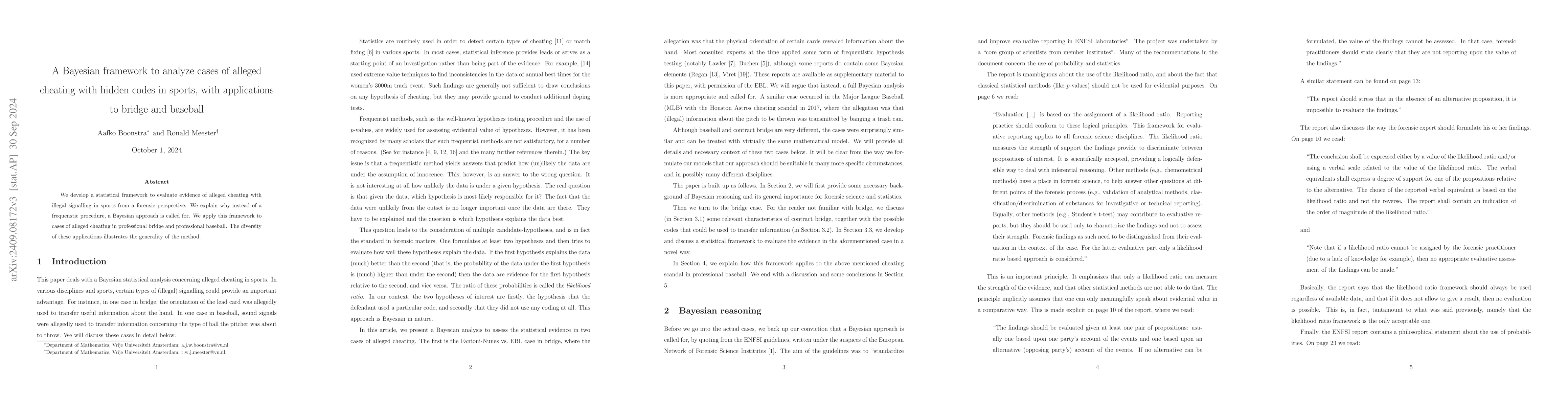 Thumbnail for A Bayesian framework to evaluate evidence in cases of alleged cheating
  with secret codes in sports