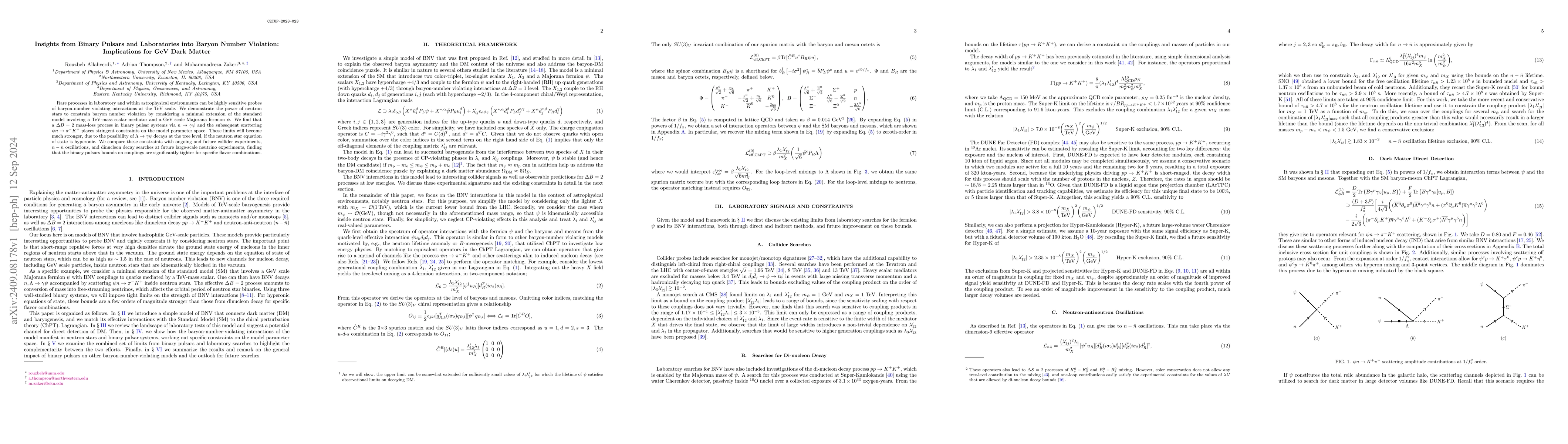 Thumbnail for Insights from Binary Pulsars and Laboratories into Baryon Number
  Violation: Implications for GeV Dark Matter