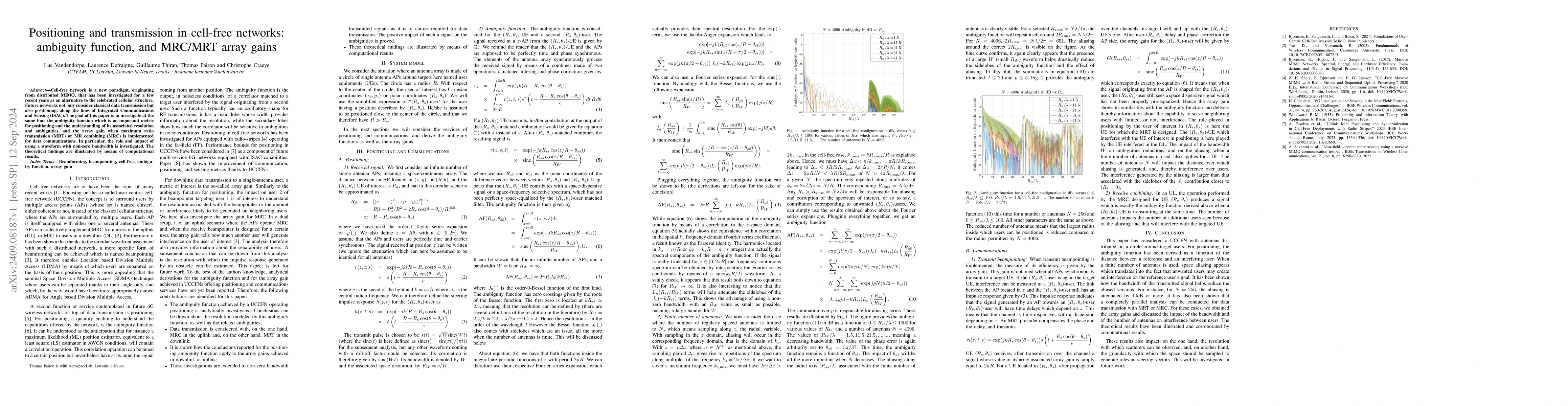 Thumbnail for Positioning and transmission in cell-free networks: ambiguity function,
  and MRC/MRT array gains