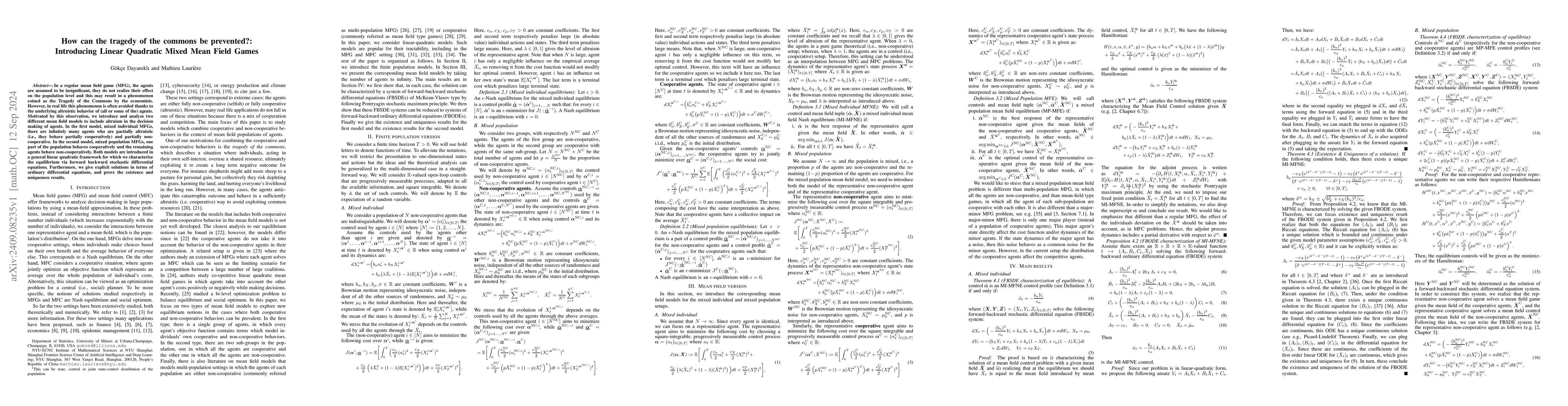 Thumbnail for How can the tragedy of the commons be prevented?: Introducing Linear
  Quadratic Mixed Mean Field Games