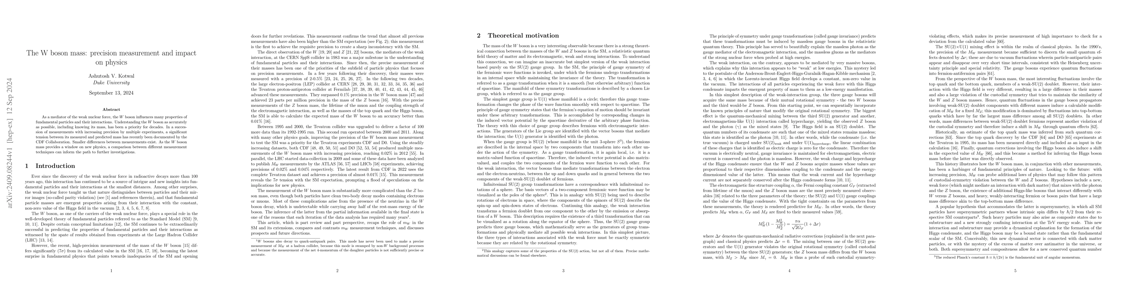 Thumbnail for The precision measurement of the W boson mass and its impact on physics