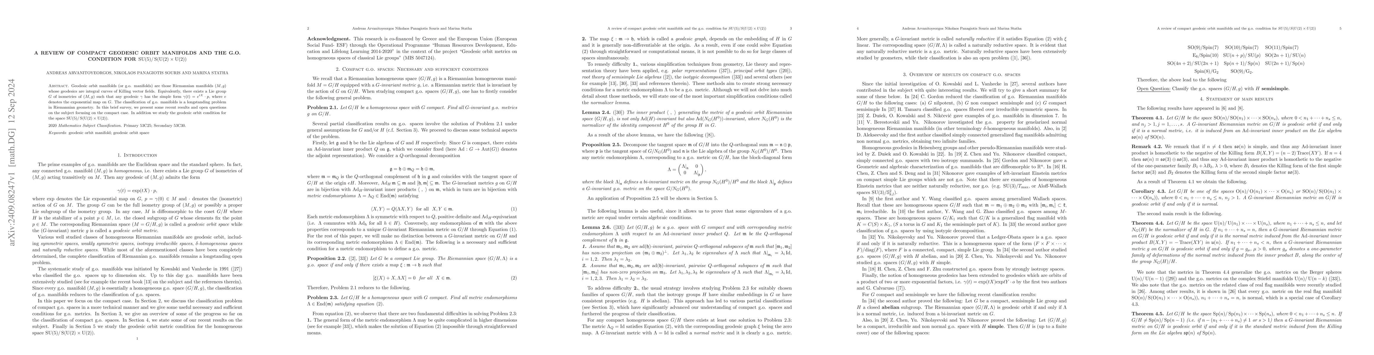 Thumbnail for A review of compact geodesic orbit manifolds and the g.o. condition for
  $\SU(5)/\s(\U(2)\times \U(2))$
