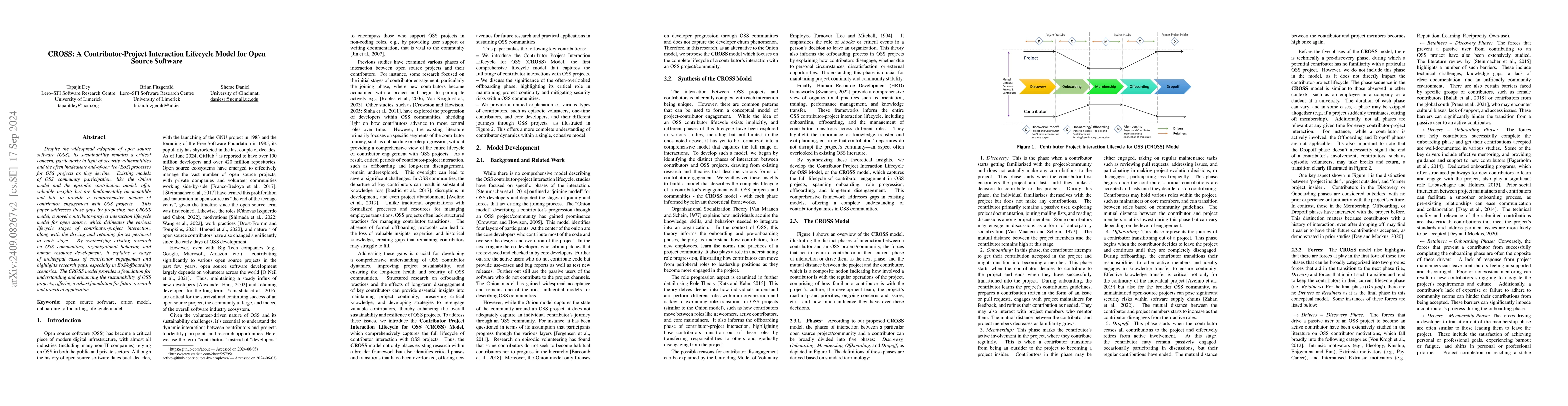 Thumbnail for CROSS: A Contributor-Project Interaction Lifecycle Model for Open Source
  Software
