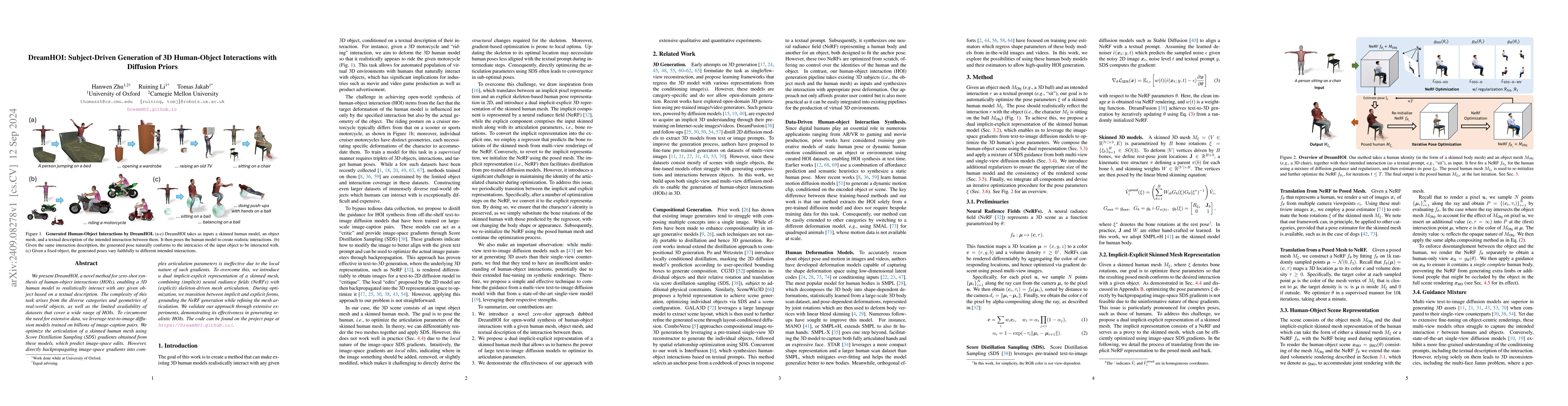 Thumbnail for DreamHOI: Subject-Driven Generation of 3D Human-Object Interactions with
  Diffusion Priors