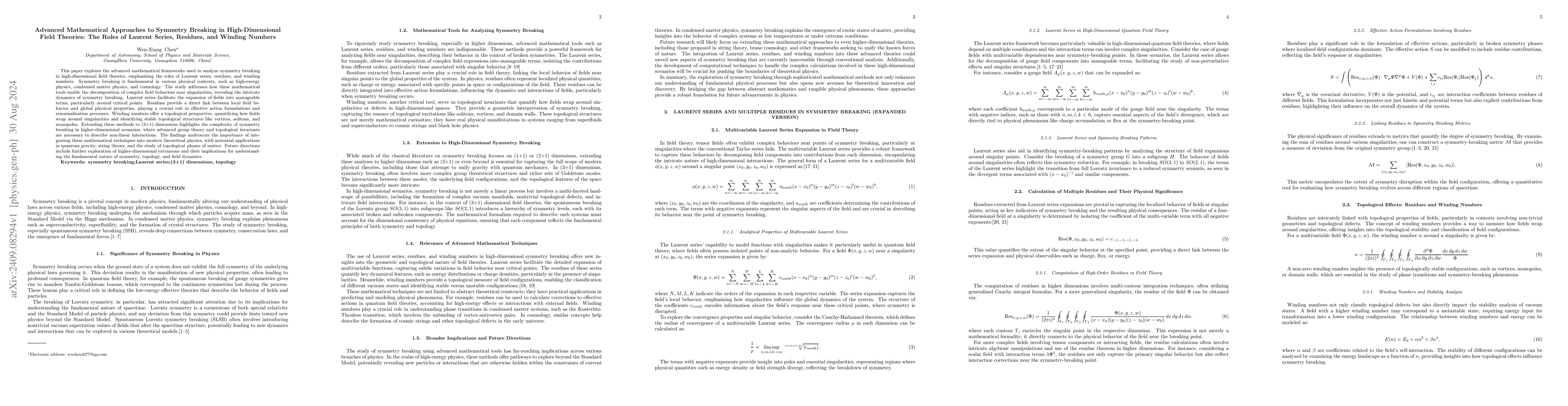 Thumbnail for Advanced Mathematical Approaches to Symmetry Breaking in
  High-Dimensional Field Theories: The Roles of Laurent Series, Residues, and
  Winding Numbers