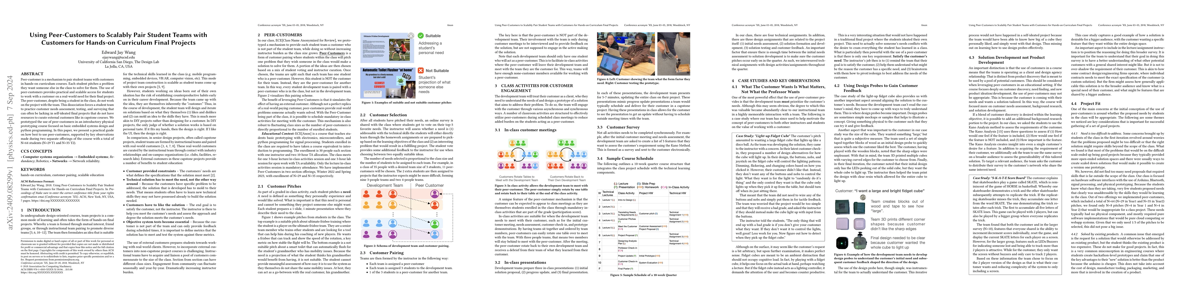 Thumbnail for Using Peer-Customers to Scalably Pair Student Teams with Customers for
  Hands-on Curriculum Final Projects