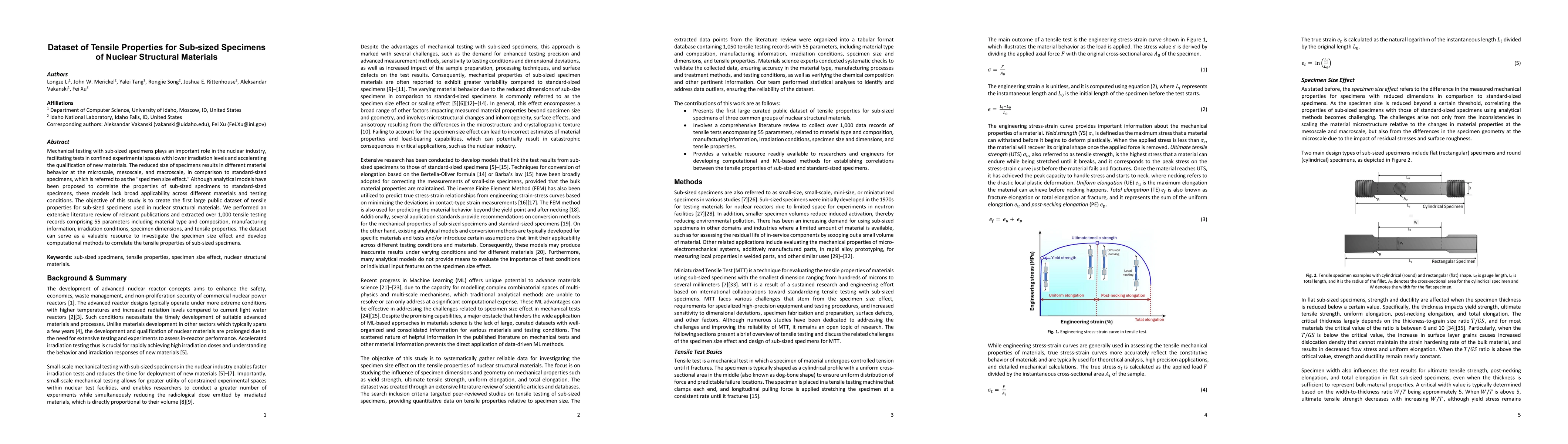 Thumbnail for Dataset of Tensile Properties for Sub-sized Specimens of Nuclear
  Structural Materials