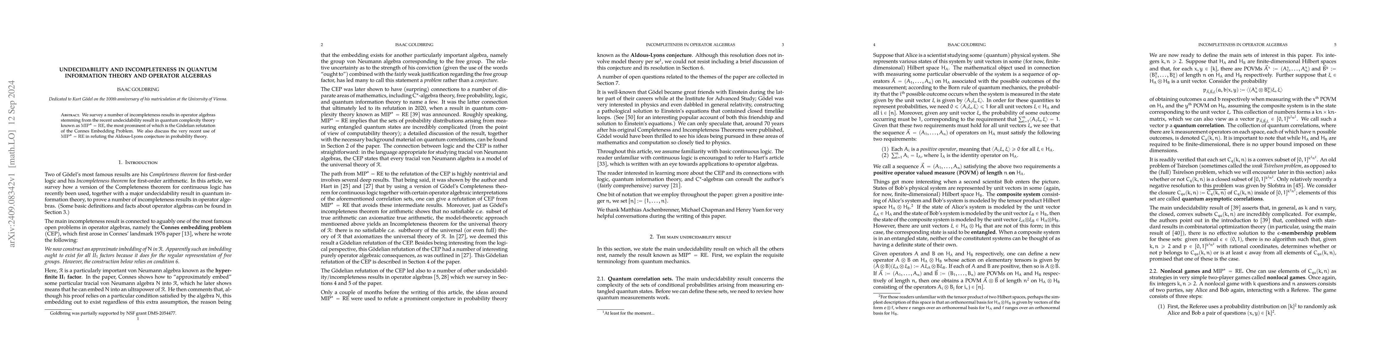 Thumbnail for Undecidability and incompleteness in quantum information theory and
  operator algebras