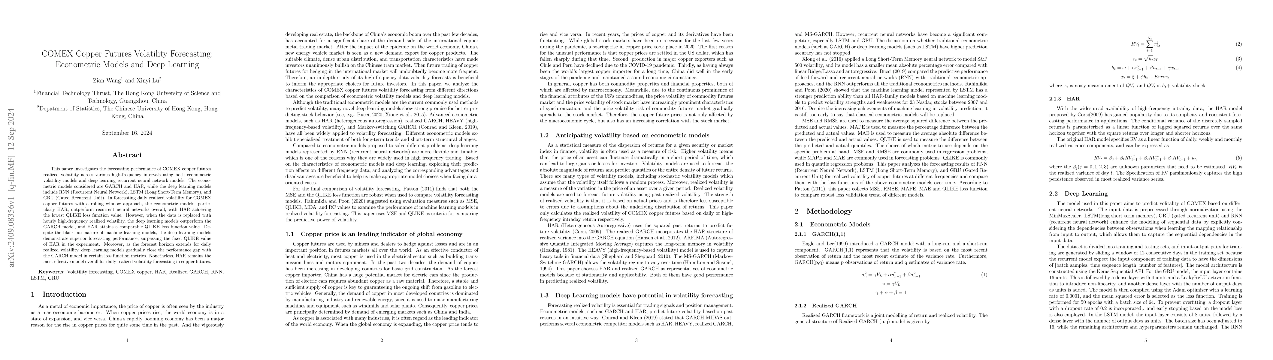 Thumbnail for COMEX Copper Futures Volatility Forecasting: Econometric Models and Deep
  Learning