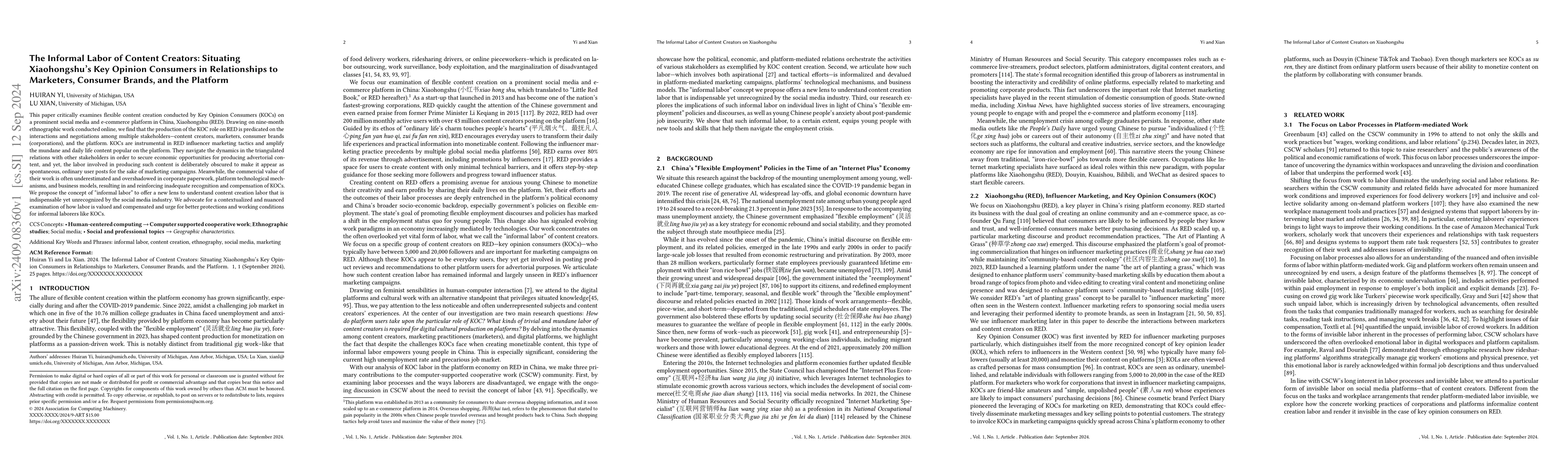 Thumbnail for The Informal Labor of Content Creators: Situating Xiaohongshu's Key
  Opinion Consumers in Relationships to Marketers, Consumer Brands, and the
  Platform
